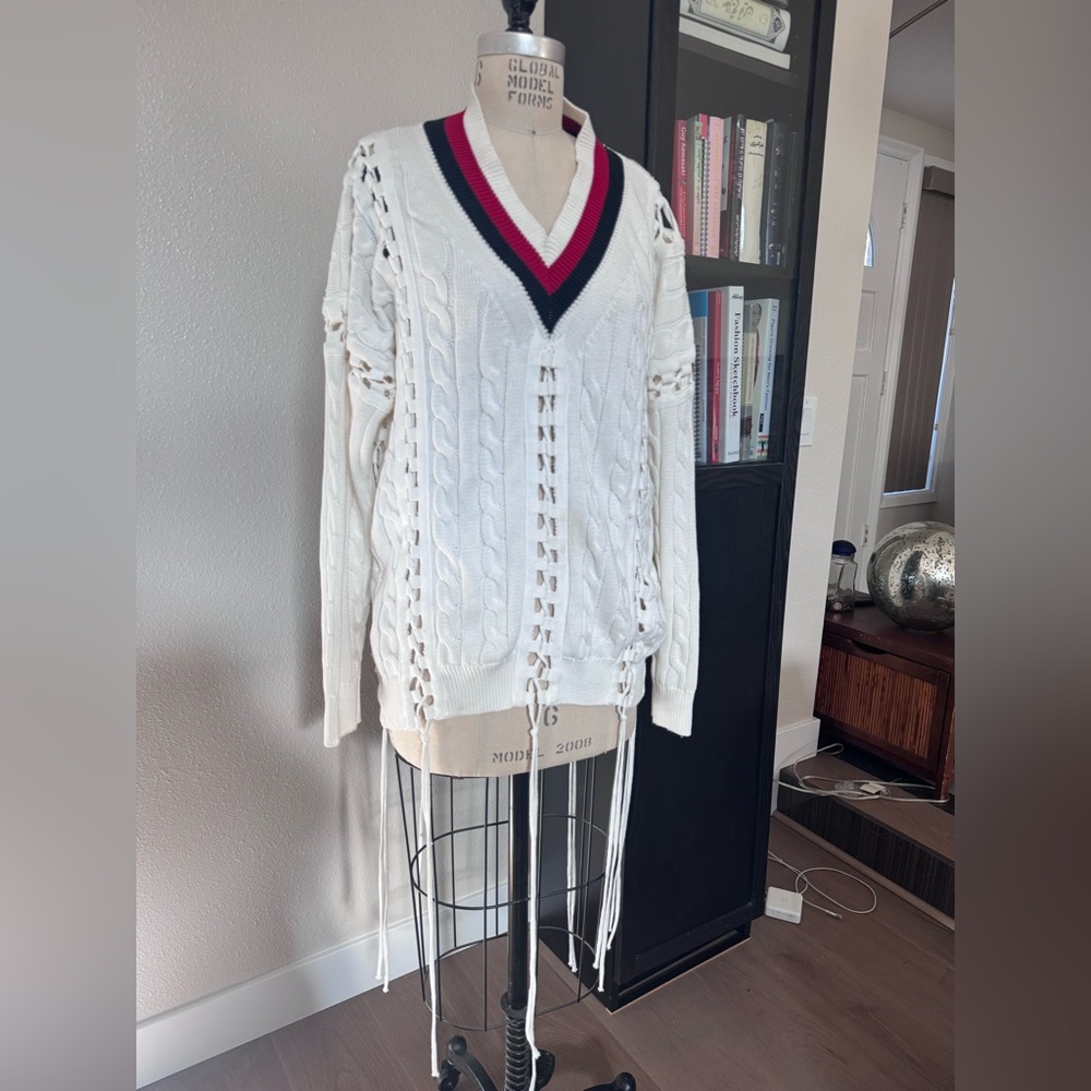 Alexander Wang White V-Neck Sweater with Red and Blue Trim